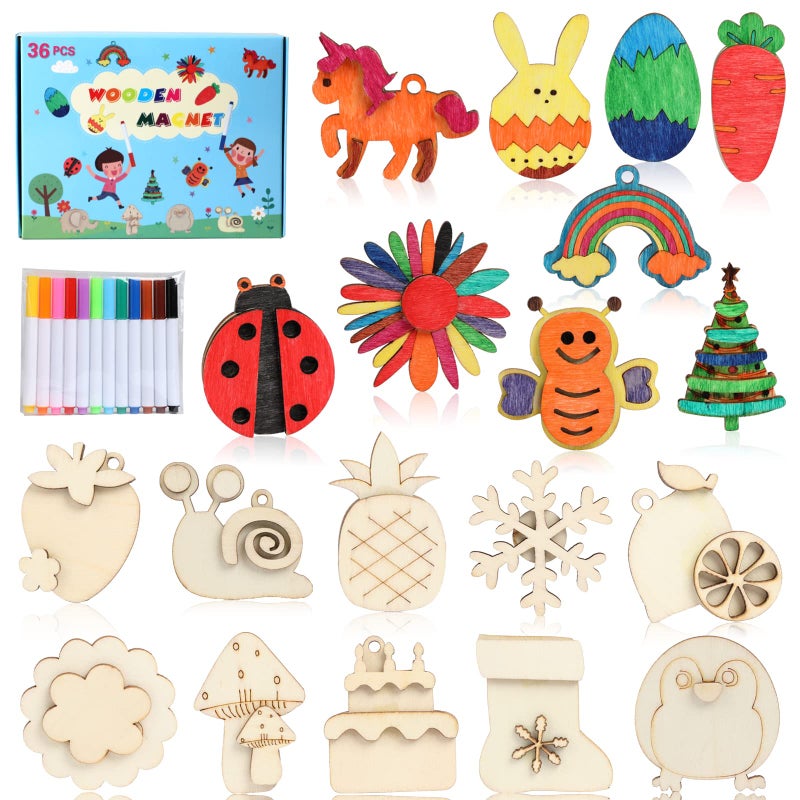 Worgree DIY Wooden Magnets, 36 pcs Wooden Art Craft Supplies Painting Kit for Kids Party Favors for Boys Girls Ages 4-8 8-12 Birthday Easter Crafts Gifts Toys Basket Goodie Bag Stuffers - Image 1