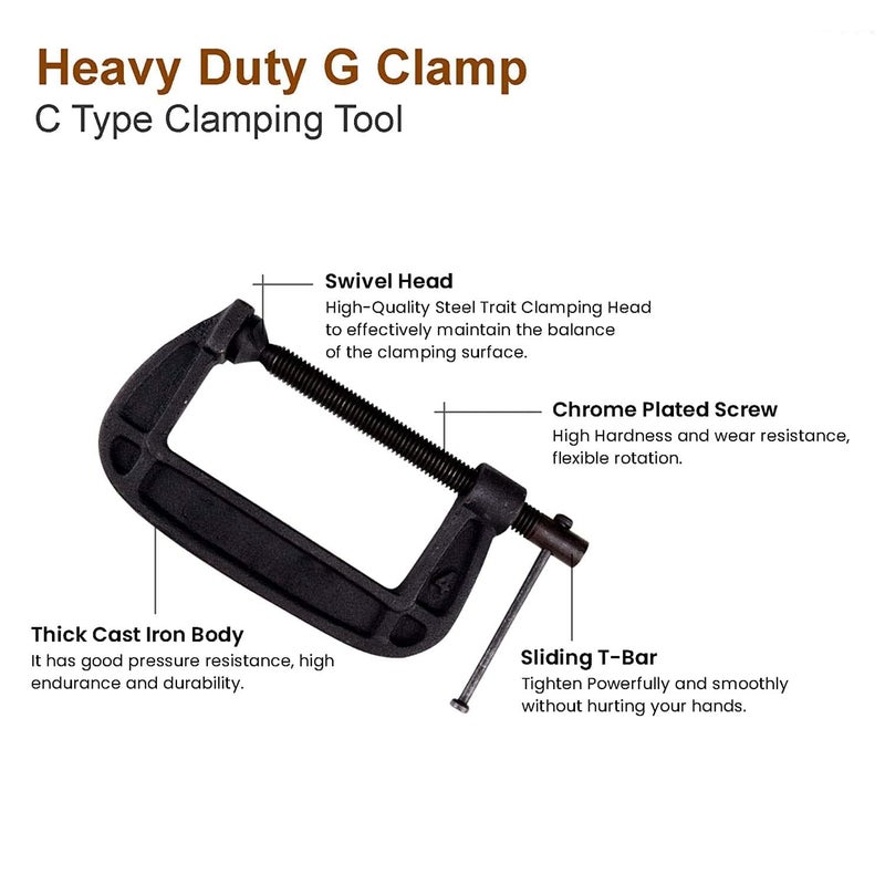 KROST 4 inch Industrial Heavy Duty G Clamp C Type Antirust Universal Clamping Tool for woodworking and DIY Maximum Opening size 100mm 2PCS - Image 3
