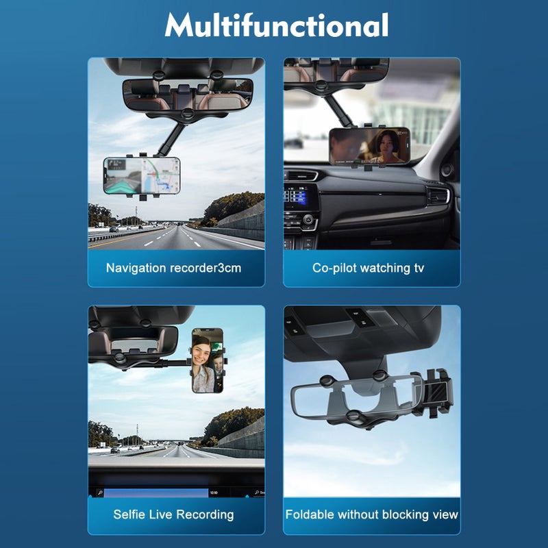 Rearview Mirror Phone Holder for Car Multifunctional Retractable Car Phone Holder 360° Rotatable One-handed Operation Firm Fixation - Image 2