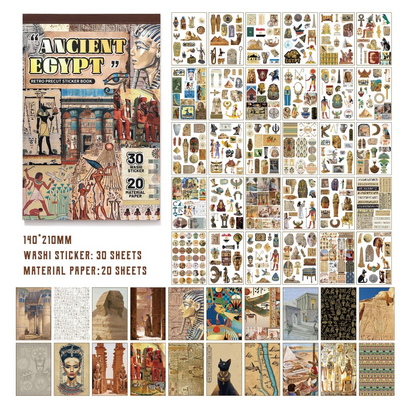 Bomichi Egyptian Theme Sticker Book, 30 Sheets 300+ Pcs Vintage Aesthetics Stickers & 20 Sheets Washi Paper for Journaling Scrapbooking Bullet Journals Planners Letter Card Making - Image 3