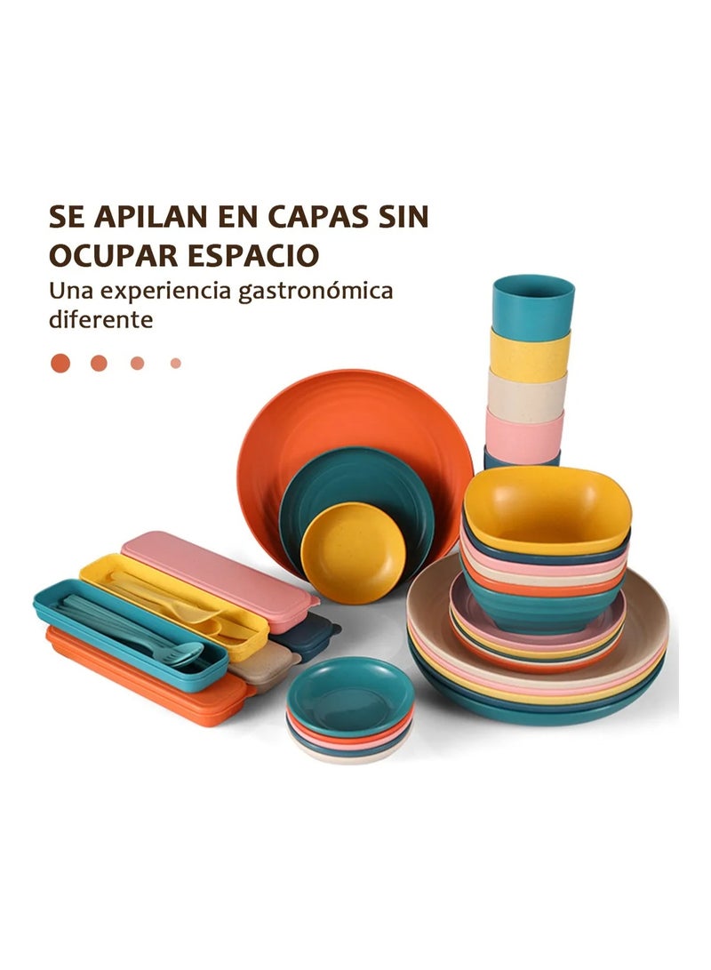 60 قطعة من أطباق الطعام المصنوعة من قش القمح القابلة لإعادة الاستخدام، أطباق غير قابلة للكسر، أكواب، سكاكين، شوك، ملاعق وعيدان تناول الطعام، خالية من مادة BPA، آمنة للاستخدام في الميكروويف وغسالة الأطباق، أدوات مائدة للمطبخ والتخييم في الهواء الطلق، هدايا - Image 2