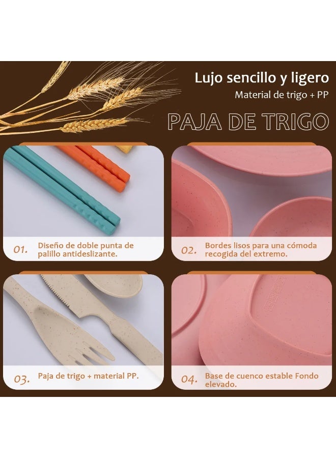 60 قطعة من أطباق الطعام المصنوعة من قش القمح القابلة لإعادة الاستخدام، أطباق غير قابلة للكسر، أكواب، سكاكين، شوك، ملاعق وعيدان تناول الطعام، خالية من مادة BPA، آمنة للاستخدام في الميكروويف وغسالة الأطباق، أدوات مائدة للمطبخ والتخييم في الهواء الطلق، هدايا - Image 4