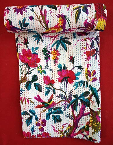 Textile export creations Creations Traditional Ethnic Kantha Indian Bedding Single Emerald Cotton Tropical Fruit Hand Stitched Bedding Bed Cover by Textile export creations Creations90x60 Inch - Image 1