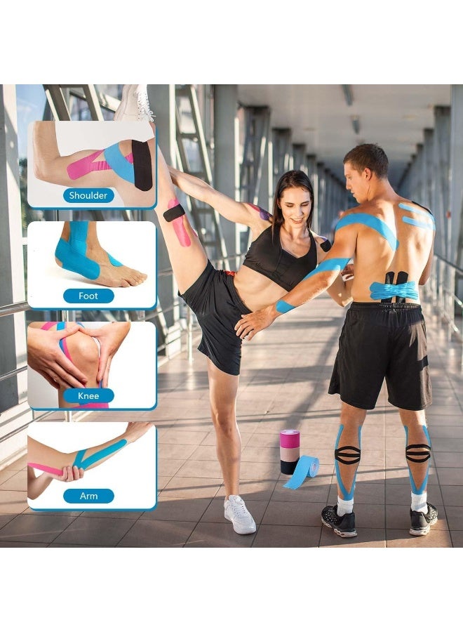 4 Rolls Waterproof Breathable Kinesiology Tape – Athletic Elastic Muscle Support Tape for Knee Pain Relief, Gym, Running, Swimming & Sports (Black, Gray, Pink, Blue) - Image 4
