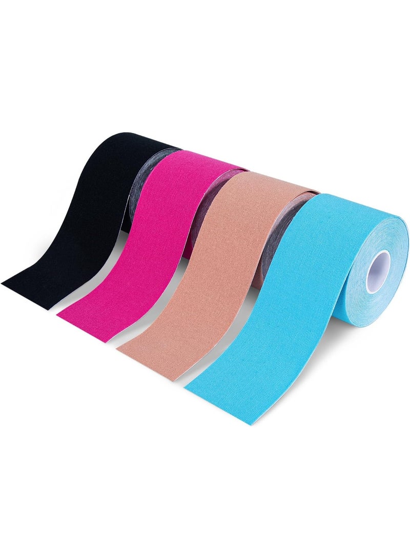 4 Rolls Waterproof Breathable Kinesiology Tape – Athletic Elastic Muscle Support Tape for Knee Pain Relief, Gym, Running, Swimming & Sports (Black, Gray, Pink, Blue) - Image 1