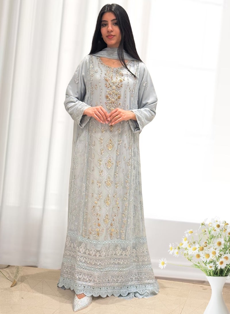 Winchell's Embroidered & Embellished Pure Chiffon Long Maxi with Dupatta & Raw Silk Trousers | Small | Grey - Image 1