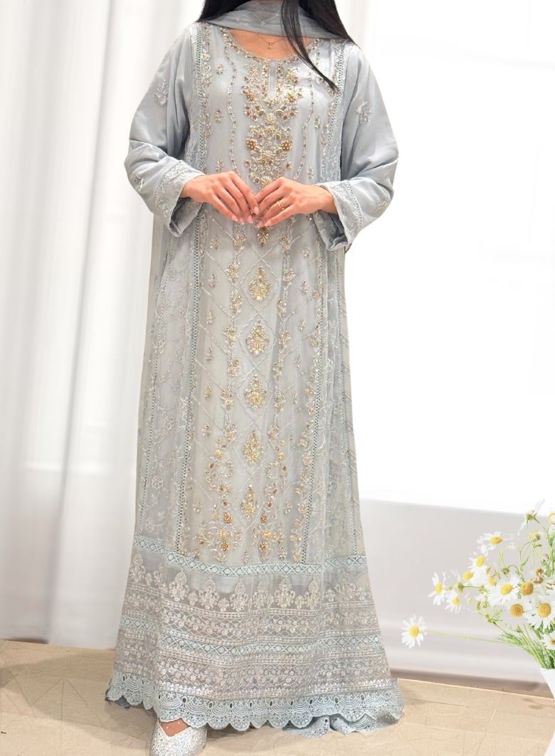 Winchell's Embroidered & Embellished Pure Chiffon Long Maxi with Dupatta & Raw Silk Trousers | Small | Grey - Image 2