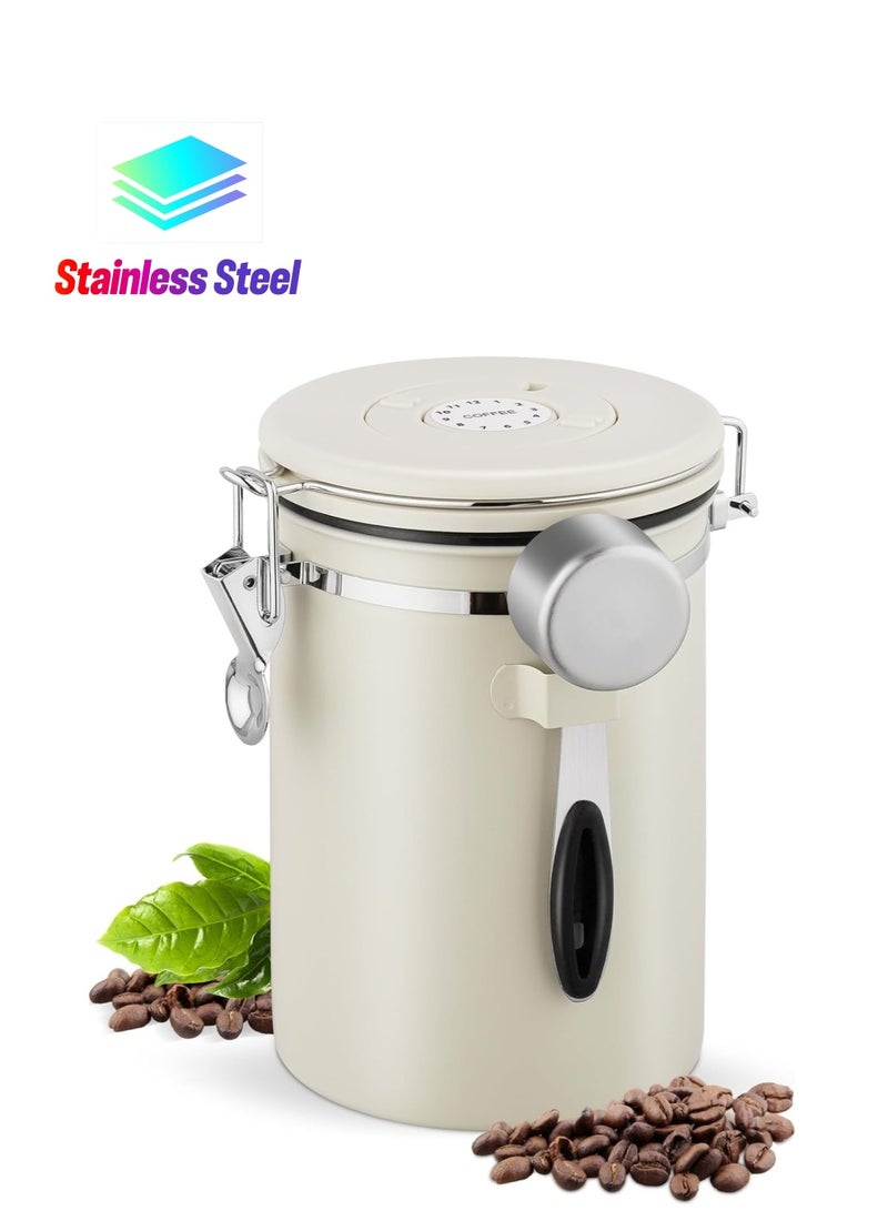 Coffee Canister 1.8l, Vacuum Airtight 304 Stainless Steel Food Storage Container with Date Tracker and Scoop for Beans Grounds, Tea Flour, Cereal Sugar, Beige  - Image 1