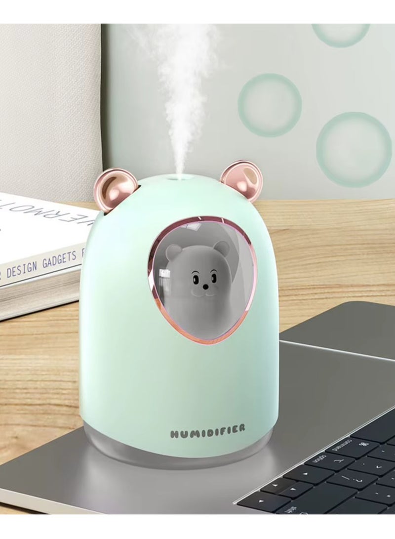مرطب هواء صغير بالموجات فوق الصوتية 300 مل مع موزع للزيوت العطرية وضوء LED ومنفذ USB وصانع ضباب للسيارة معطر جو محيطي على شكل دب للمنزل والسيارة - أخضر  - Image 2
