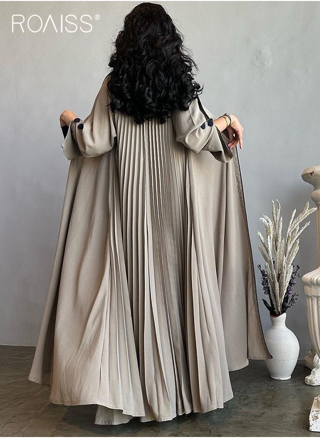 roaiss Fashionable And Elegant Cardigan Abaya Women'S Daily Commuting Formal Occasions Lapel Long Sleeve Back Pleated Muslim Cardigan Coat  - Image 2