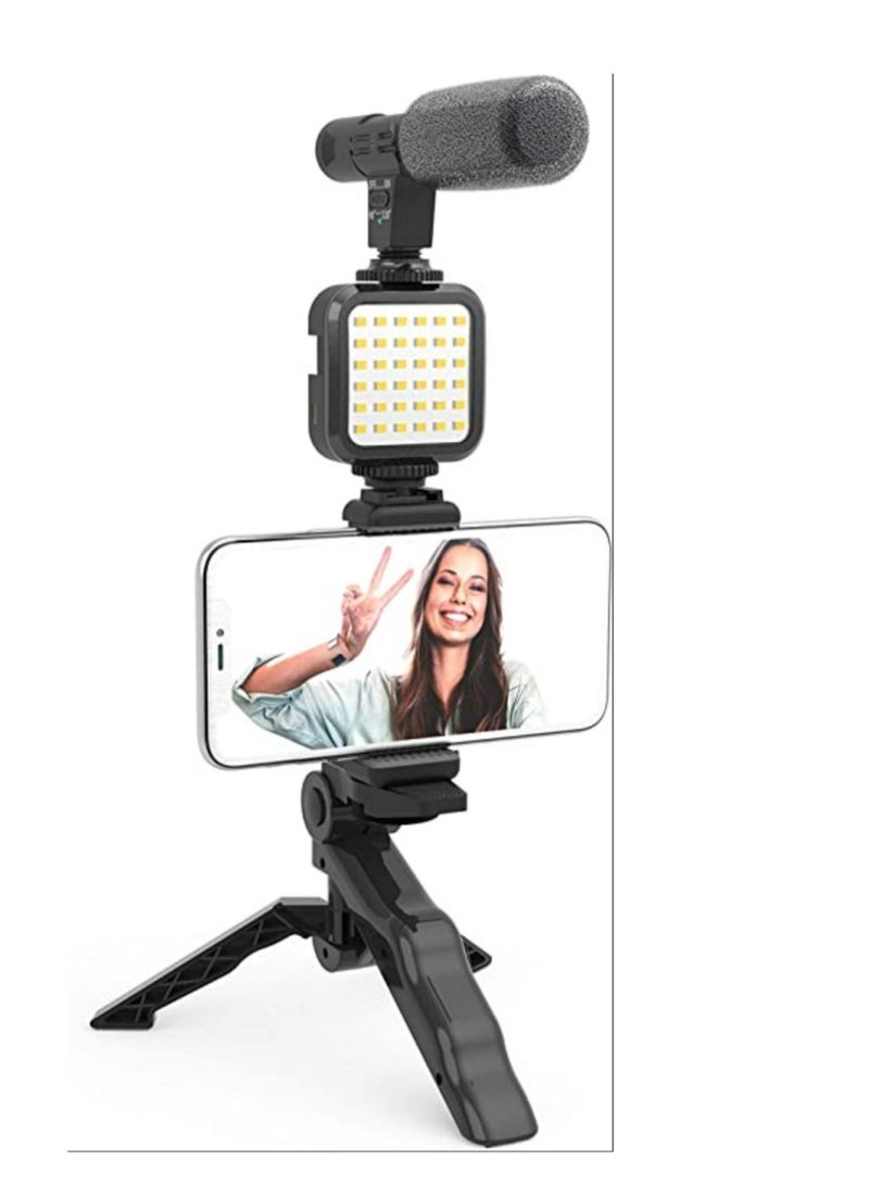 Vlogging"Like Me" LED Video Light + Microphone + Mobile Phone Holder + Hand Grip/Mini Tripod Compatible with Smartphones for TikTok,Youtube etc.c  - Image 1