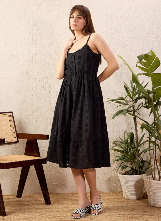 SASSAFRAS Black Schiffli Midi Dress for Women