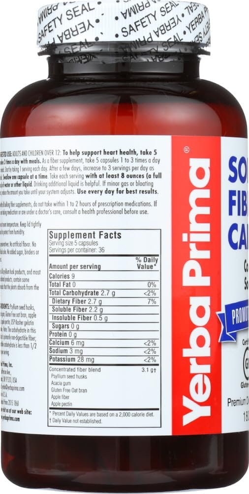 Yerba Prima Soluble Fiber Capsules 180Count  Natural Dietary Supplement Formula NonGMO Gluten Free - Image 2