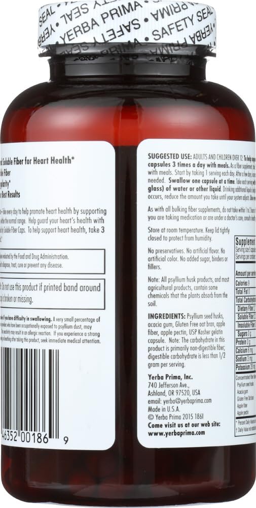 Yerba Prima Soluble Fiber Capsules 180Count  Natural Dietary Supplement Formula NonGMO Gluten Free - Image 3