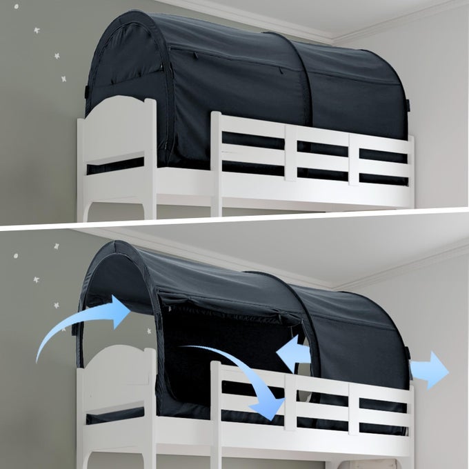 BED CANOPY TENTS DREAM PRIVACY SPACE TWIN BUNK BED SLEEPING TENTS INDOOR POP UP PORTABLE FRAME CURTAINS BREATHABLE GREY COTTAGE MATTRESS NOT INCLUDED REDUCING LIGHT
