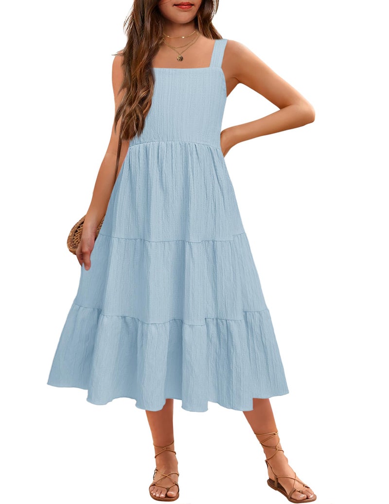 Arshiner Girl's Spaghetti Strap Dress Big Girl Boho Sleeveless Summer Casual A-line Maxi Sundress with Pockets Light Blue 10-11 Years - Image 1