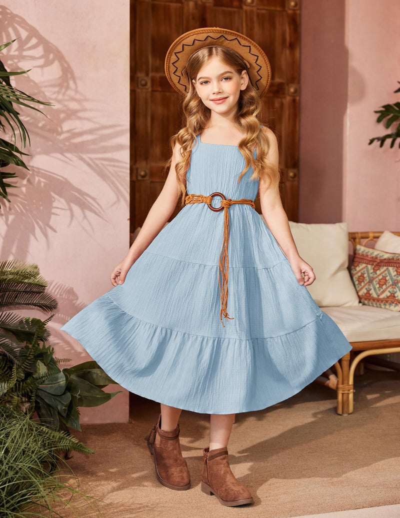 Arshiner Girl's Spaghetti Strap Dress Big Girl Boho Sleeveless Summer Casual A-line Maxi Sundress with Pockets Light Blue 10-11 Years - Image 2