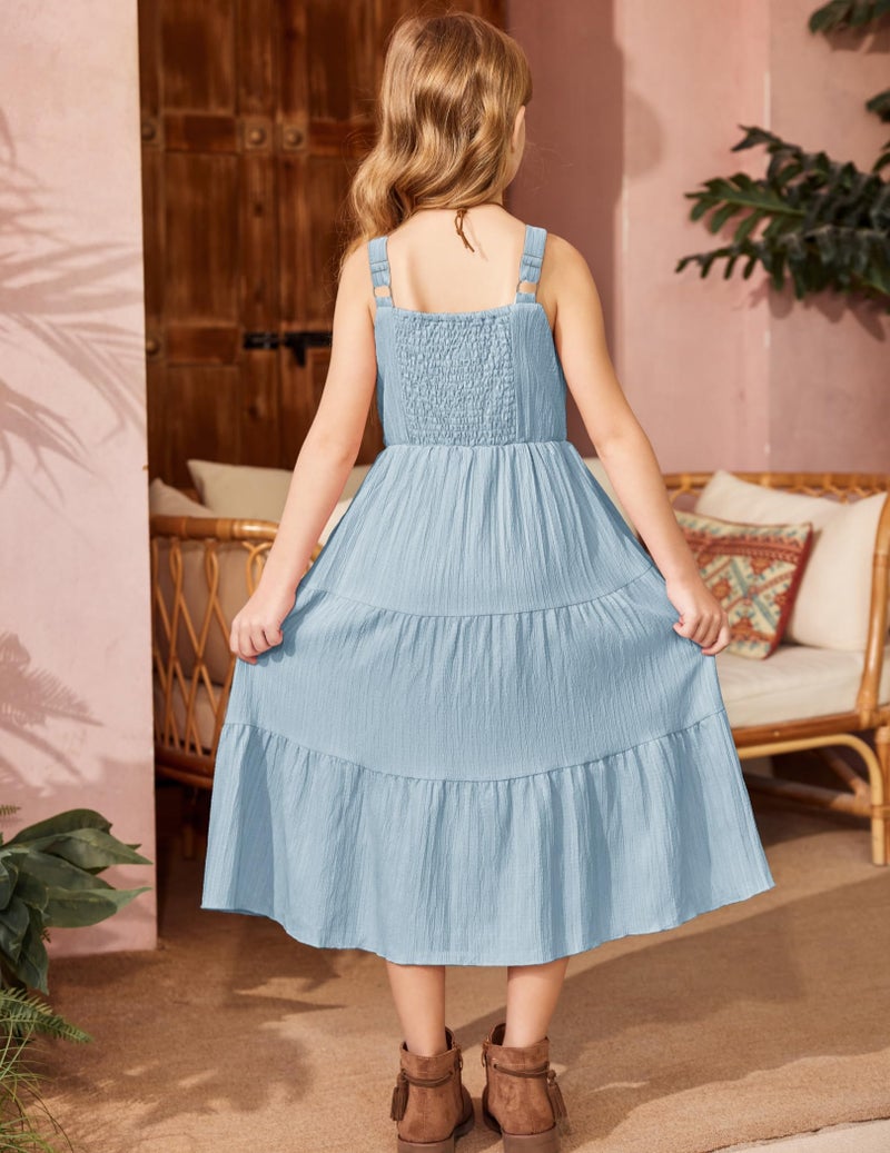 Arshiner Girl's Spaghetti Strap Dress Big Girl Boho Sleeveless Summer Casual A-line Maxi Sundress with Pockets Light Blue 10-11 Years - Image 5