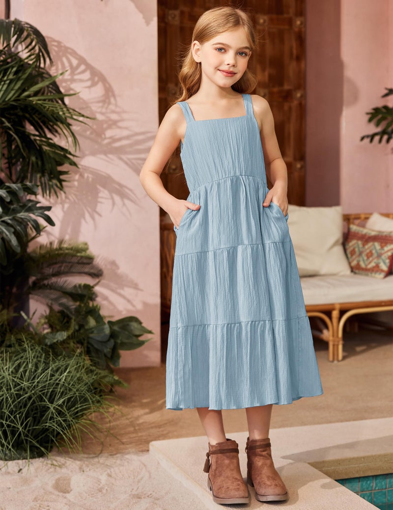 Arshiner Girl's Spaghetti Strap Dress Big Girl Boho Sleeveless Summer Casual A-line Maxi Sundress with Pockets Light Blue 10-11 Years - Image 3