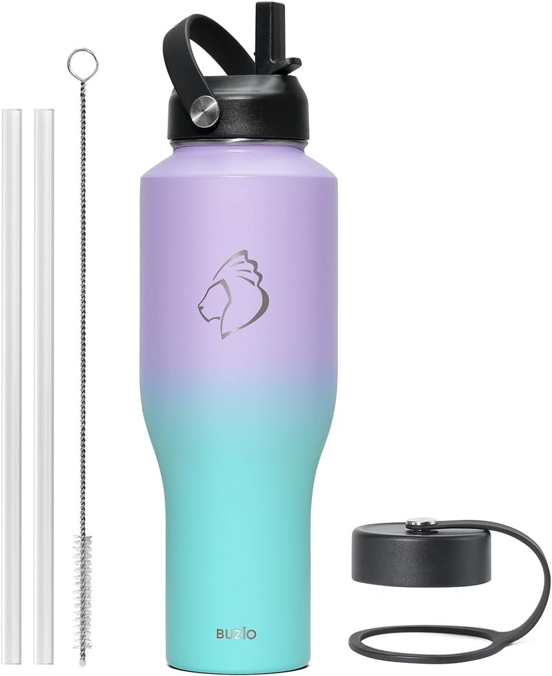 BUZIO Water Bottle 40oz Fits in Cup Holder, Double Wall Vacuum Insulated Tumbler with Lid and Straw, Leakproof 18/8 Stainless Steel Travel Flask Water Cup Keeps Drinks Hot Cold, Dark Purple Green - Image 1
