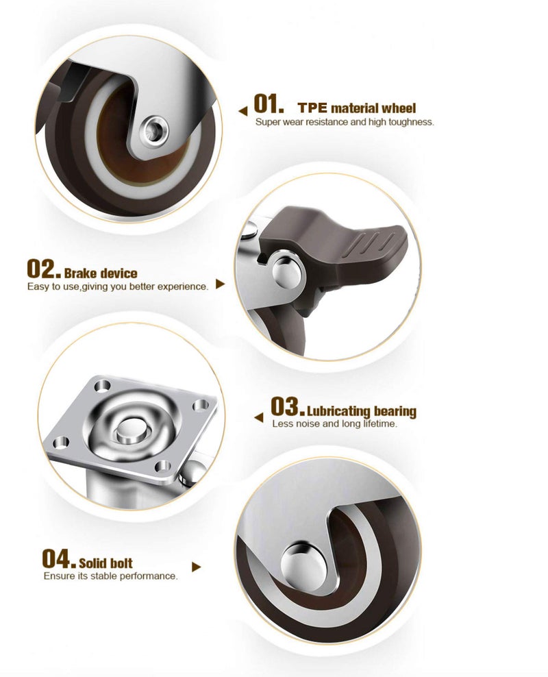 GBL Heavy Duty Castor Wheels with 2 Brakes + Screws - 50mm up to 200KG - Pack of 4 No Floor Marks Silent Caster for Furniture - Rubbered Trolley Wheels - Silver Castors - Image 2