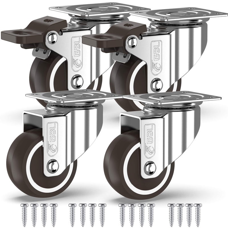 GBL Heavy Duty Castor Wheels with 2 Brakes + Screws - 50mm up to 200KG - Pack of 4 No Floor Marks Silent Caster for Furniture - Rubbered Trolley Wheels - Silver Castors - Image 1