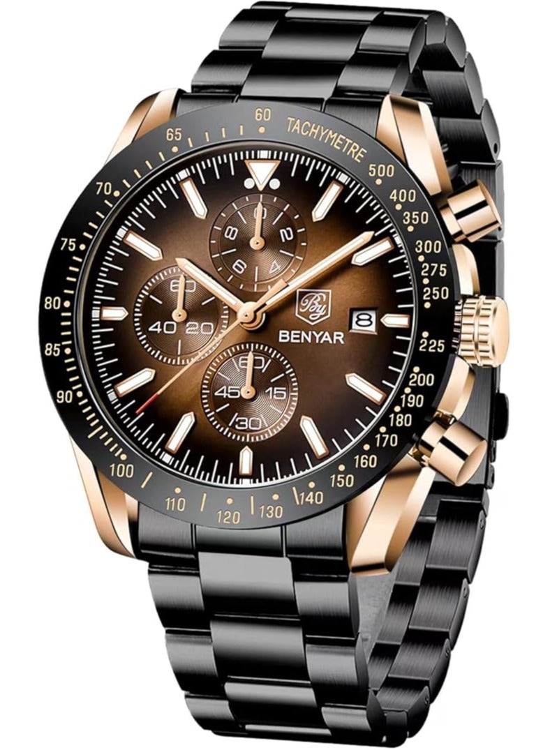 BENYAR Mens Watch Waterproof Chronograph Date Watch for Men Stainless Steel Strap Quartz Movement Analog Watch Business Casual Gift for Men  - Image 1