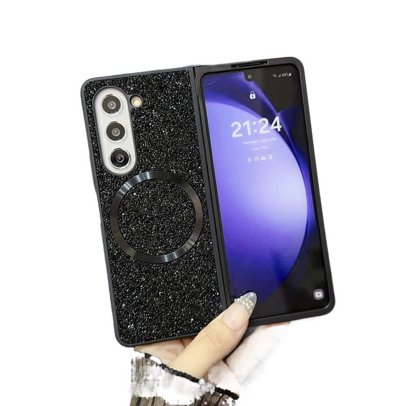 غطاء MagSafe بPC لـ Samsung Galaxy Z Fold 5 مع بريق الماس ومغناطيس قوي مع مقاوم للصدمات مع حماية من السقوط باللون أسود مغناطيسي للاستخدام الخارجي سهل الحمل عملي للاستخدام المتكرر - Image 1