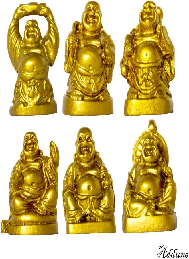 Addune Set of 6 Mini Laughing Happy Buddha Statue Resin Figurines Feng Shui for Luck Wealth Good Gift and Collection (1'', Gold) - Image 2