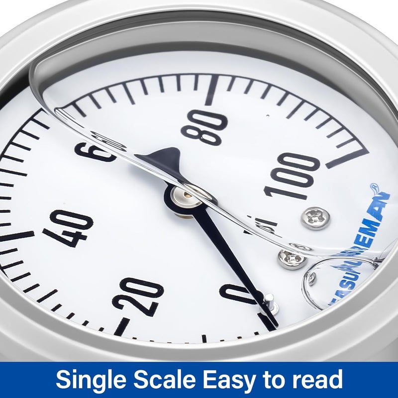 MEASUREMAN مقياس ضغط سباكة مملوء بالجليسرين من ميزورمان، حجم القرص 2-1/2 بوصة، نطاق 0-100 رطل لكل بوصة مربعة، غلاف من الفولاذ المقاوم للصدأ، تركيب خلفي 1/4 إنش إن بي تي - Image 5