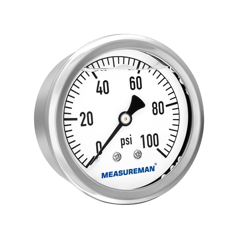MEASUREMAN مقياس ضغط سباكة مملوء بالجليسرين من ميزورمان، حجم القرص 2-1/2 بوصة، نطاق 0-100 رطل لكل بوصة مربعة، غلاف من الفولاذ المقاوم للصدأ، تركيب خلفي 1/4 إنش إن بي تي - Image 1
