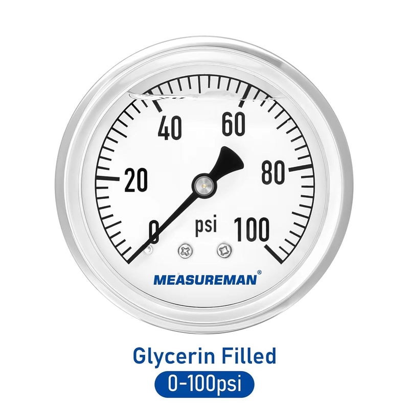 MEASUREMAN مقياس ضغط سباكة مملوء بالجليسرين من ميزورمان، حجم القرص 2-1/2 بوصة، نطاق 0-100 رطل لكل بوصة مربعة، غلاف من الفولاذ المقاوم للصدأ، تركيب خلفي 1/4 إنش إن بي تي - Image 2