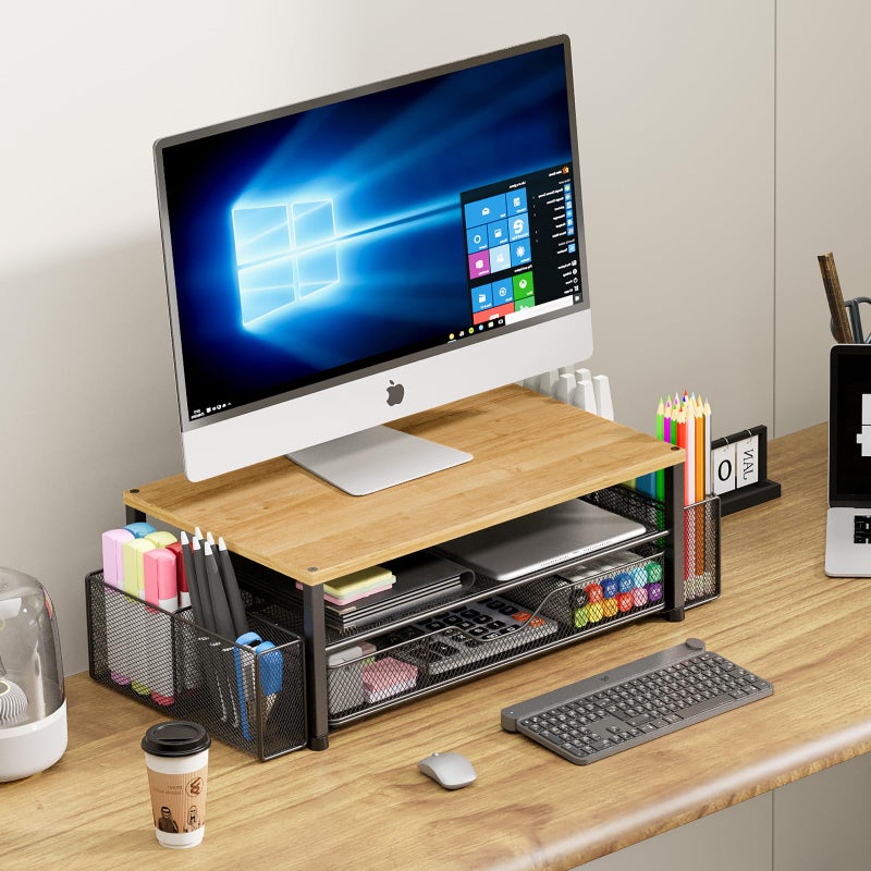 OPNICE Desk Organizers and Accessories, 2-Tier Computer Monitor Stand with Drawer and 2 Pen Holders, Laptop Stand, Office Desk Accessories for Office Supplies, Oak - Image 5