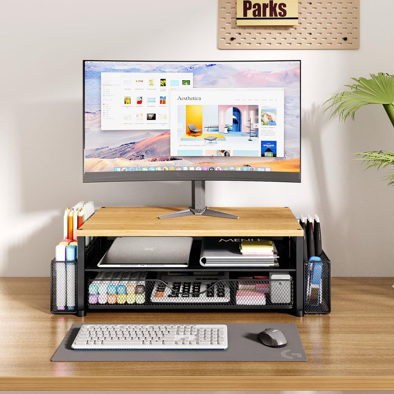 OPNICE Desk Organizers and Accessories, 2-Tier Computer Monitor Stand with Drawer and 2 Pen Holders, Laptop Stand, Office Desk Accessories for Office Supplies, Oak - Image 2