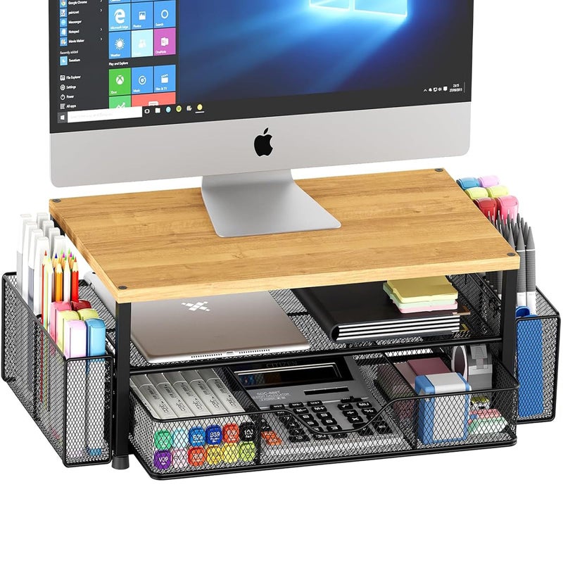 OPNICE Desk Organizers and Accessories, 2-Tier Computer Monitor Stand with Drawer and 2 Pen Holders, Laptop Stand, Office Desk Accessories for Office Supplies, Oak - Image 1