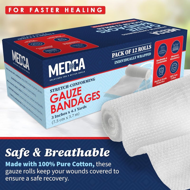 MEDca Gauze Bandage Rolls  12 Pack 3 in x 41 Yards Per Roll Medical Grade Stretch Wrapping for Dressing All Types of Wounds and First Aid Kit 3Inch 12 Pcs - Image 2