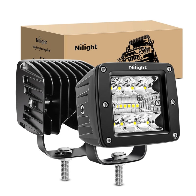 Nilight Nilight 2PCS 3Inch 42W LED Cubes Upgraded Spot Flood Combo Beam Square Pod Light Driving Fog for Offroad Pickup Trucks Jeep ATV UTV SUV, 2 Years Warranty (14025C-B)  - Image 1