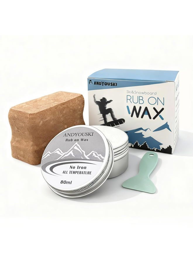 ANDYOUSKI Rub-on Ski Snowboard Wax Kit: 80ml Multi-Temperature Wax, Wax Cork, and Mini Scraper - No Iron Needed - Image 1