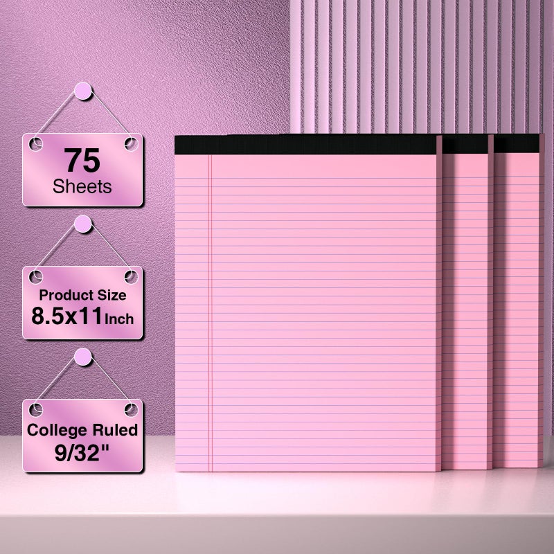 Nichela 3 Pcs Legal Pads 8.5 x 11 Colored Note Pads 8.5 x 11 Notepad Total 75 Sheets, Micro Perforated Writing Pads Lined Paper College Ruled Pad of Paper Notebook To-Do List for School & Office Supplies - Image 2