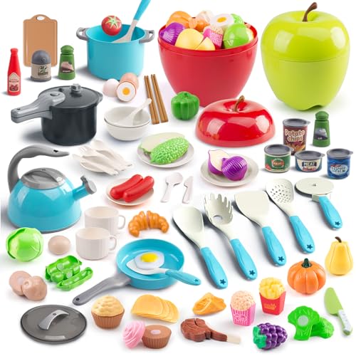 Funpynani 100Pcs Kitchen Playset Kids Pretend Cooking Play Pots Pans Utensils Cookware Toy Food Fruits Veggies with 2 Large Apple Shaped Storage Toddler Cooking Learning Gift Turquoise - Image 1