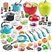 Funpynani 100Pcs Kitchen Playset Kids Pretend Cooking Play Pots Pans Utensils Cookware Toy Food Fruits Veggies with 2 Large Apple Shaped Storage Toddler Cooking Learning Gift Turquoise - Image 2