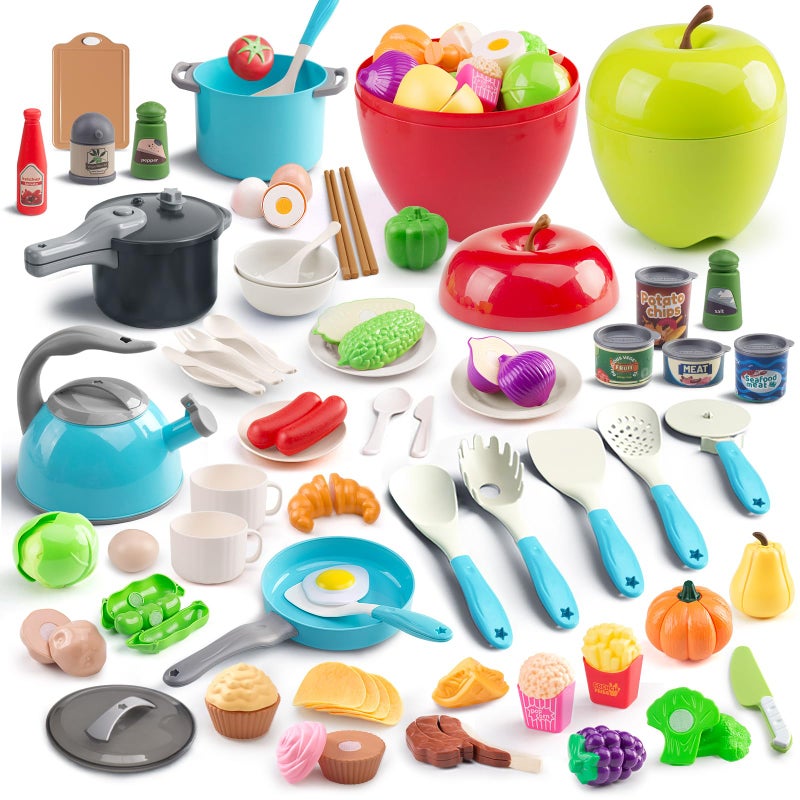 Funpynani 100Pcs Kitchen Playset Kids Pretend Cooking Play Pots Pans Utensils Cookware Toy Food Fruits Veggies with 2 Large Apple Shaped Storage Toddler Cooking Learning Gift Turquoise - Image 3