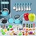 Funpynani 100Pcs Kitchen Playset Kids Pretend Cooking Play Pots Pans Utensils Cookware Toy Food Fruits Veggies with 2 Large Apple Shaped Storage Toddler Cooking Learning Gift Turquoise - Image 4