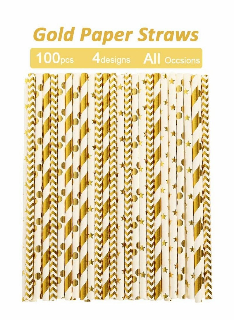 SYOSI Paper Straws for Drinking, Biodegradable Gold Paper Bulk, Pack of 100 Metallic Foil Striped/Wave/Heart/Star Straws for Birthday, Wedding, Bridal/Baby Shower, Celebrations and Party Supplies - Image 5