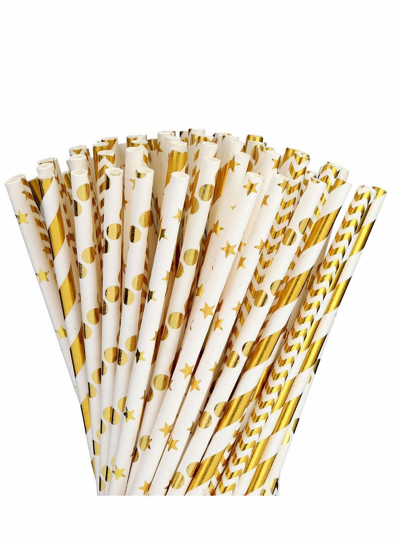 SYOSI Paper Straws for Drinking, Biodegradable Gold Paper Bulk, Pack of 100 Metallic Foil Striped/Wave/Heart/Star Straws for Birthday, Wedding, Bridal/Baby Shower, Celebrations and Party Supplies - Image 1