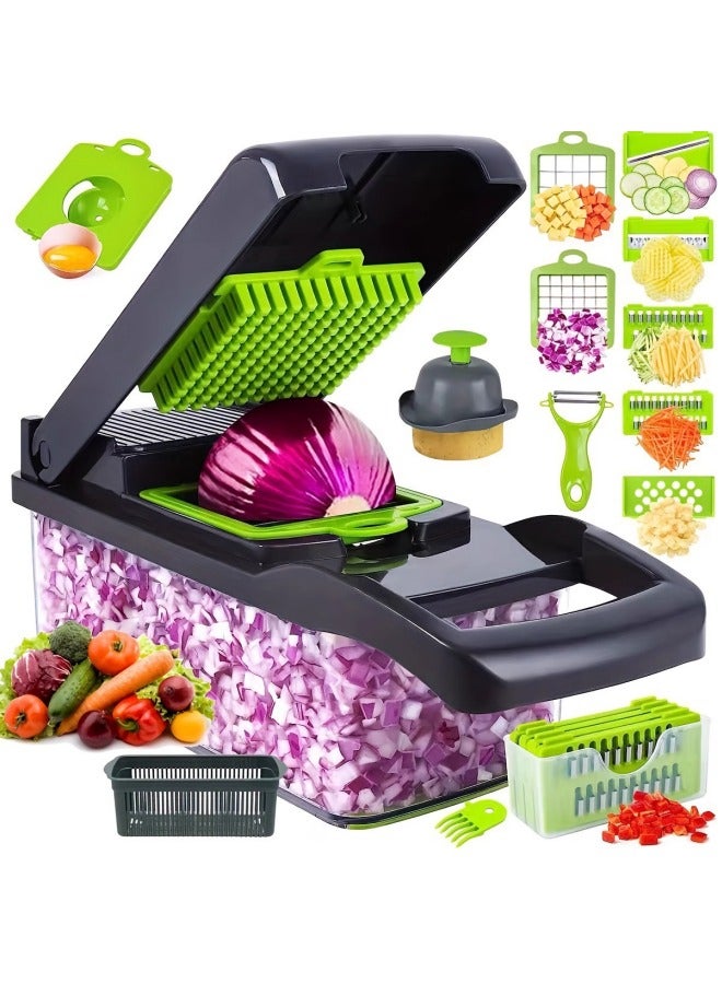 Vegetable Cutter, Multifunctional 16-in-1 Food Cutter and Vegetable Chopper, Kitchen Vegetable Slicer Dicer Cutter, Veggie Chopper With 8 Blades, Carrot and Garlic Chopper With Container, a Must-Have Onion Chopper and Kitchen Accessories