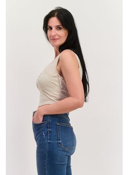 ONLY Women Scoop Neck Sleeveless Solid Crop Top, Cream  - Image 3