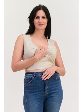 ONLY Women Scoop Neck Sleeveless Solid Crop Top, Cream  - Image 1