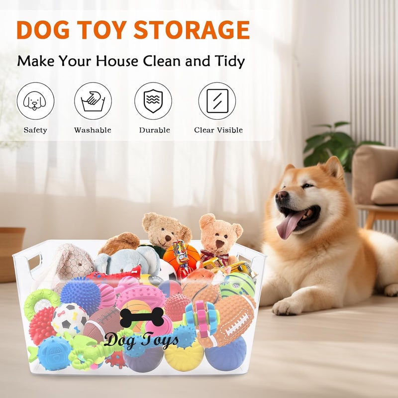 Morezi Dog toy bin basket storage in plastic front shallow designed dog toy organizer great for collecting pet chew toys leashes clothing in living room area playroom closet shelf gift basket - Image 2