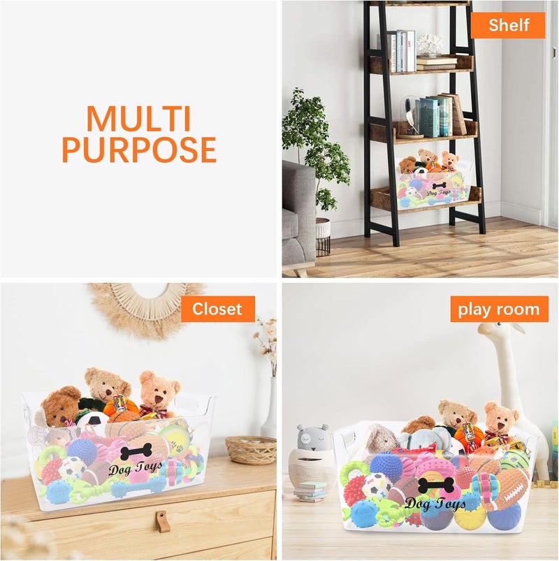 Morezi Dog toy bin basket storage in plastic front shallow designed dog toy organizer great for collecting pet chew toys leashes clothing in living room area playroom closet shelf gift basket - Image 4